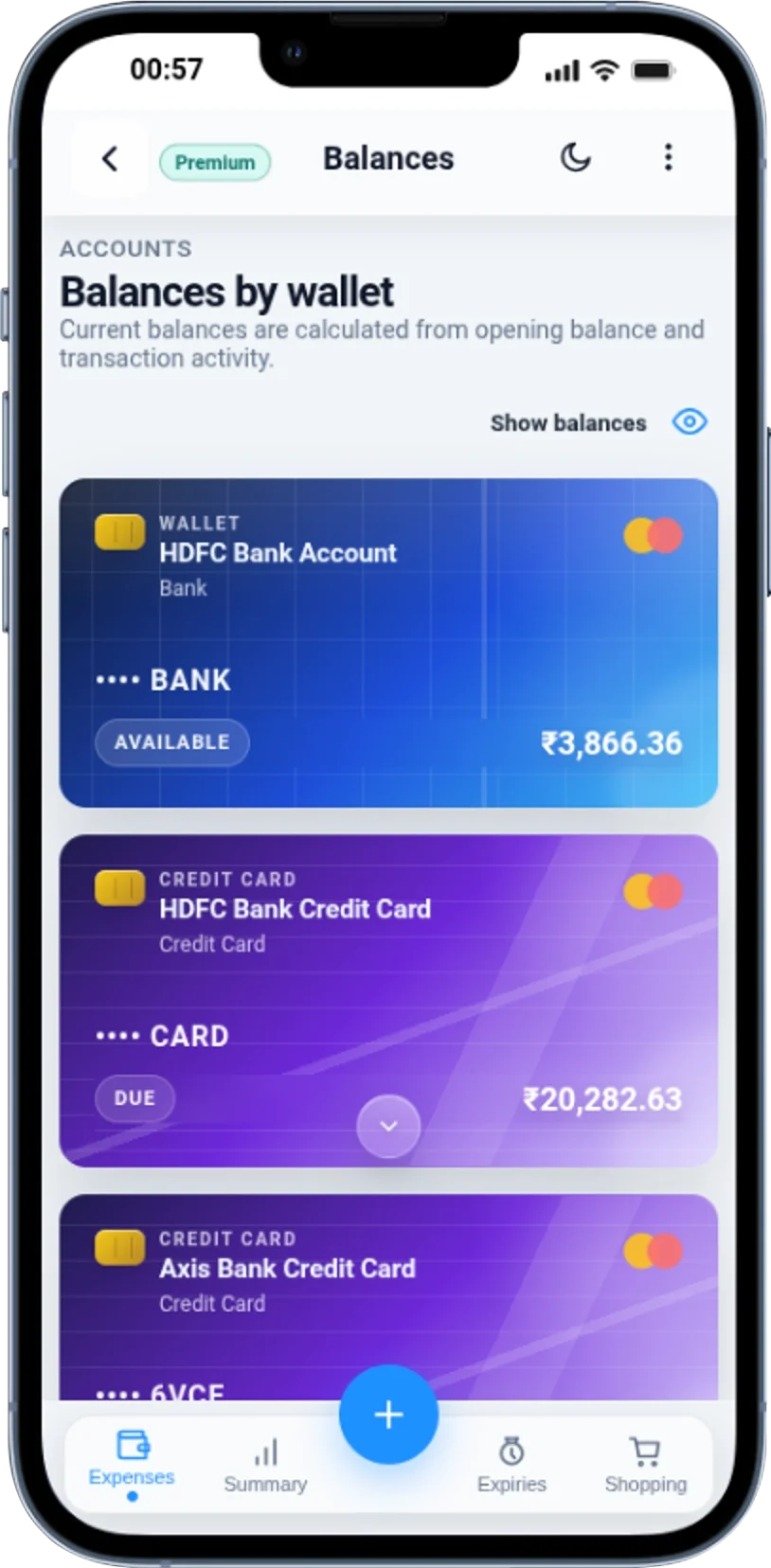 Accounts and wallets management screen